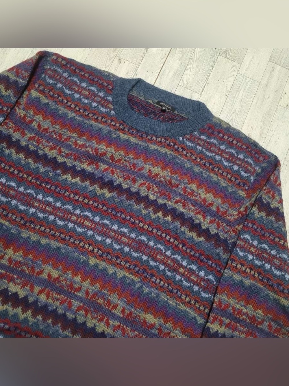 Novica Alpaca Wool Blue Red Geometric Striped Crewneck Knit Sweater Men's XL